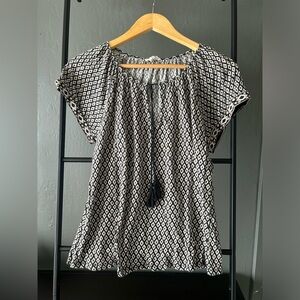 Joie short sleeved black and white patterned jersey blouse with tassels